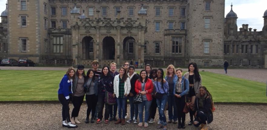 Interior design students in front of a castle in Scotland